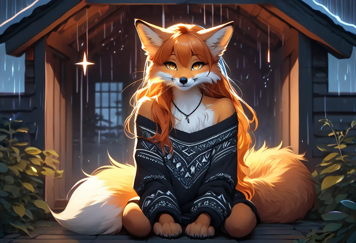 full body、Solo、unpralleled masterpiece、Detailed、 Beautiful、 score_9、 score_8_up、 score_7_up、moody atmosphere、mysterious、fox、anthro、furry、female、orange fur、(long hair、beautiful hair、orange hair、side swept hair、bangs)、yellow eyes、(digitigrade、claws、fox paws、...