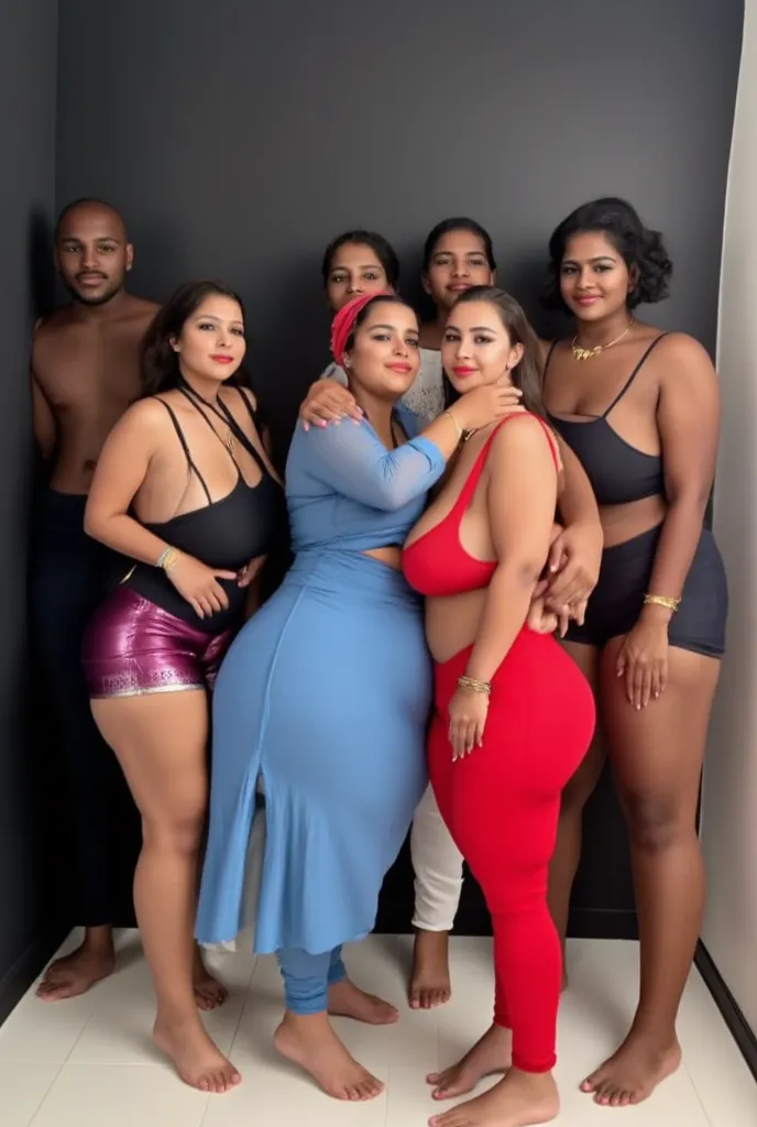 I am 40 year old plus size tall and big giant indian muslim women, looking like indian actress hansika motwani, wearing a blue kurtha and shining reflective glossy silver leggings and black hijab,white-skin,white skin tone, beautiful face, red lips, clean ...