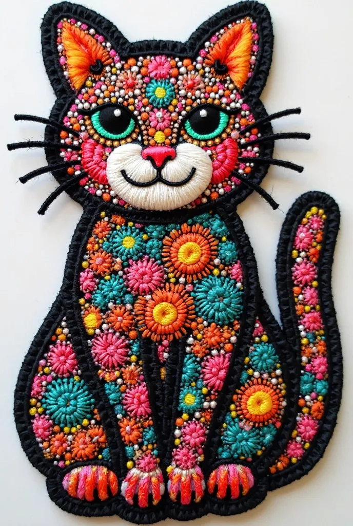 A stitched patch design in the Mexican embroidery style, featuring a prickly pear cat with many details. The cat is made with the following colors: Red Achiote (Pantone 7621 C), Pink (Pantone Rhodamine Red C or Pink C), Blue Maya (Pantone 7687 C or 293 C),...