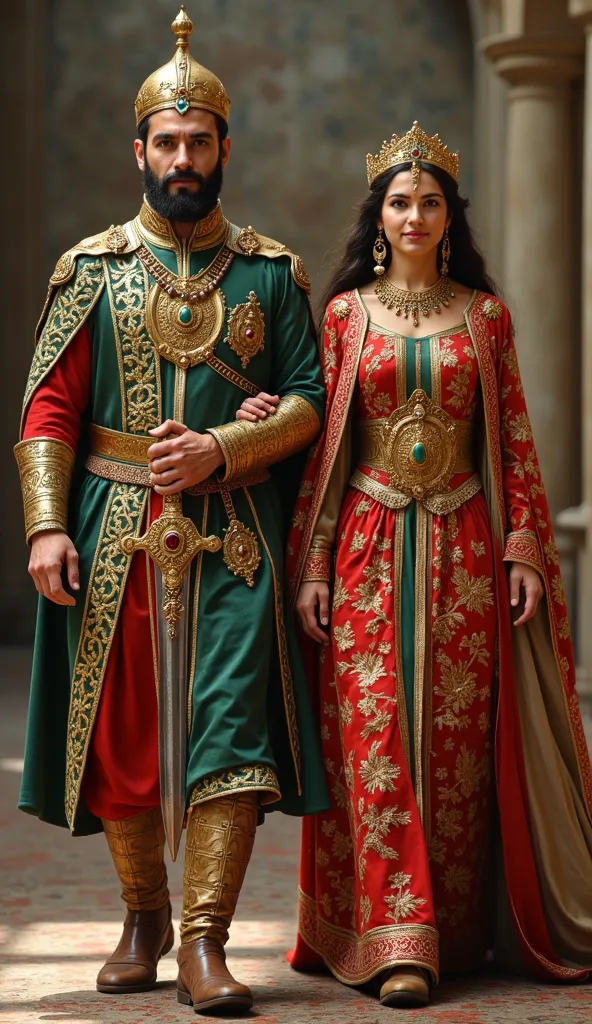 

A majestic Persian king and queen, the revered rulers of 13th-century Iran, walk forward with grace and undeniable charisma, embodying the grandeur of their empire. Both are 30 years old, possessing noble, strikingly beautiful features that exude wisdom,...