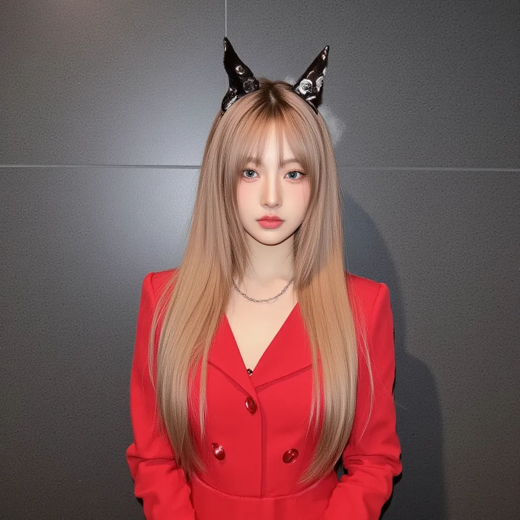 A kpop girl, korean, strawberry blonde hair,, pretty smile, douyin makeup, gorgeous, , stunning, lovely, kpop music video concept photos, BRATZ Y2K type vibe, witch outfit, full body, red dress, witchy, pretty elegant long dress, decorative, behind the sce...