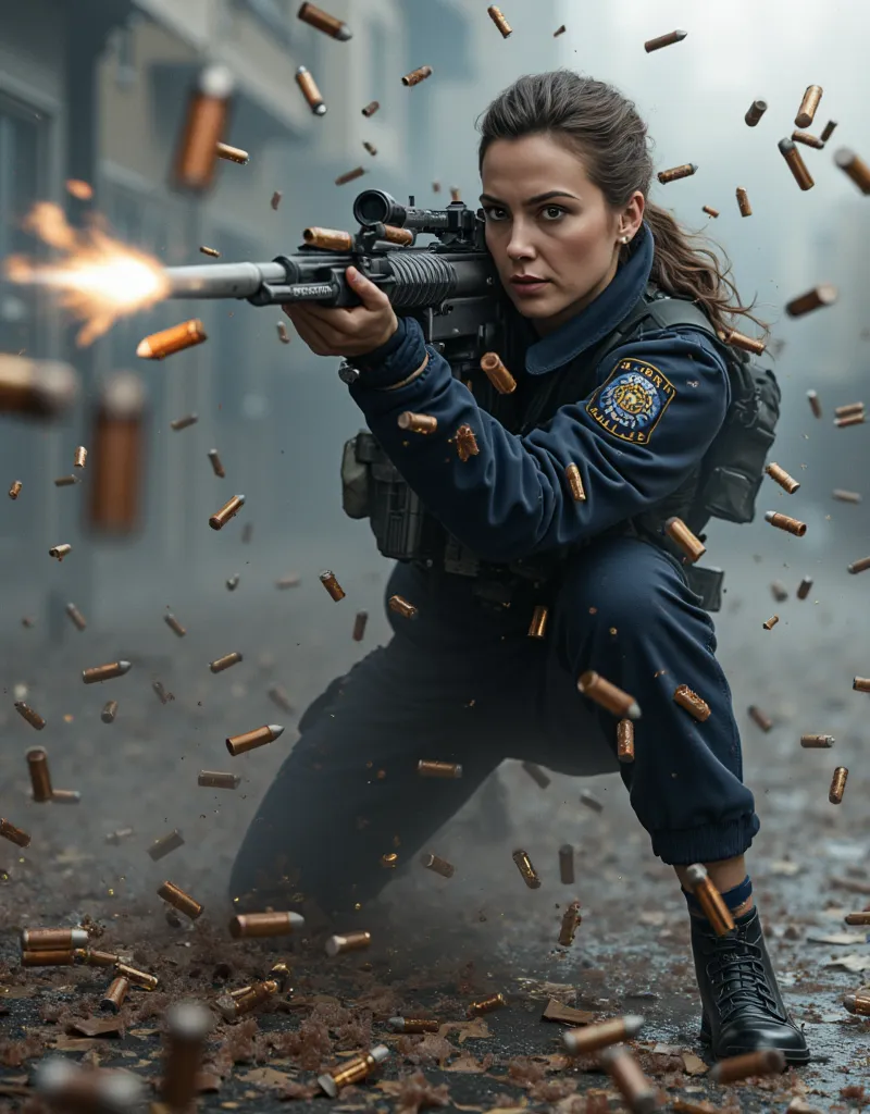 Bullet Time Dodge: A police woman, firing from machine-gun at the viewer target. hundred of Bullets in air, slow motion effect