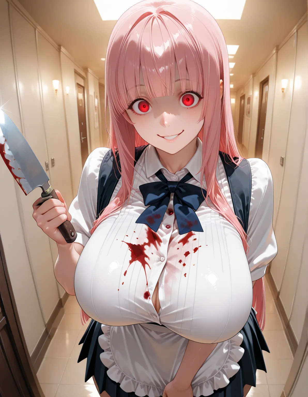 1 girl, red-eyed,  Pink Hair,  long hair,  horse face, Shiny hair, Straight hair, big chest,  holding kitchen knife , smile, posing for a sensual pose, Yandere girl, Wear a school uniform.end, Blood stained shirt, dark school hallway background, in the eve...