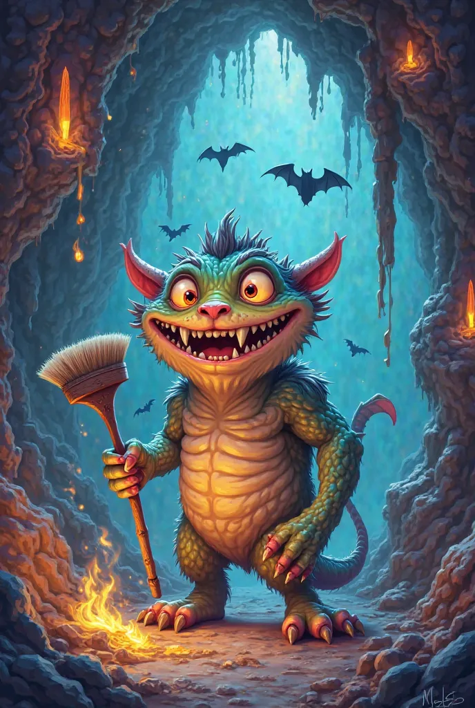 A smiling monster with sharp fangs cleaning a cave illuminated by elongated details, with bats flying in the background.