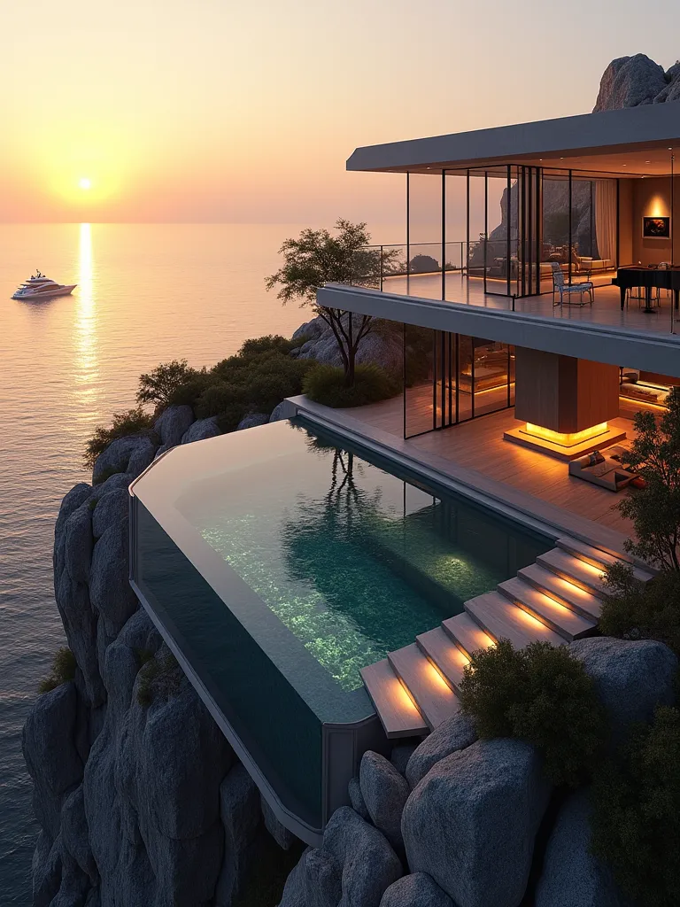 A futuristic mansion located atop a cliff overlooking the ocean, reflecting the golden sunset light. The architecture features elegant geometric shapes, panoramic glass walls and an infinity terrace with an infinity pool that blends with the sea. The visib...