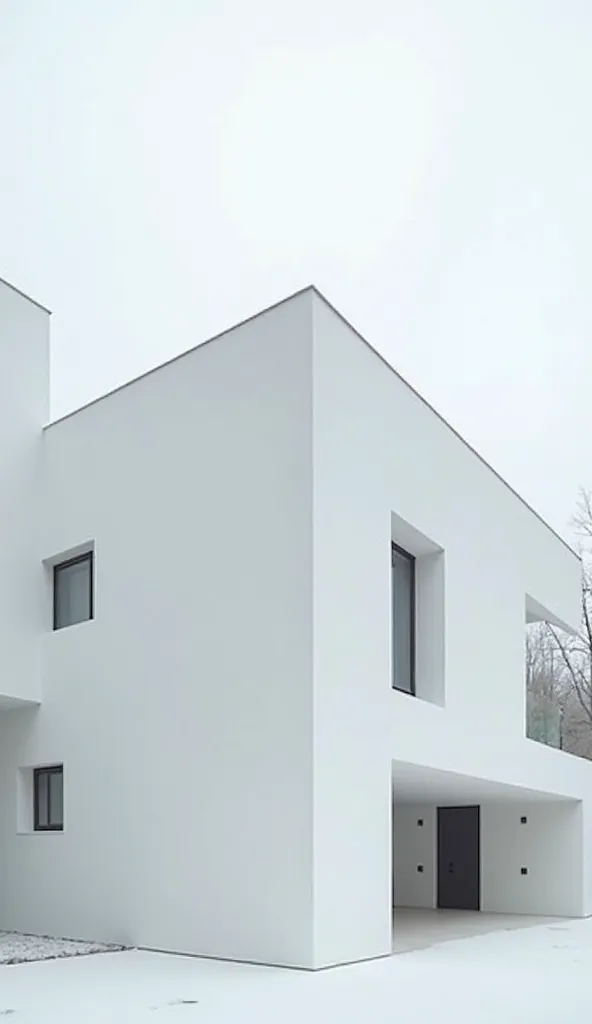 An artistic ultra-realistic photo of a modern house designed by Japanese architects Kazuyo Sejima and Ryue Nishizawa (SANAA). The house has a minimalistic and monolithic design, resembling the New Art Museum in New York, with an all-white exterior and fewe...