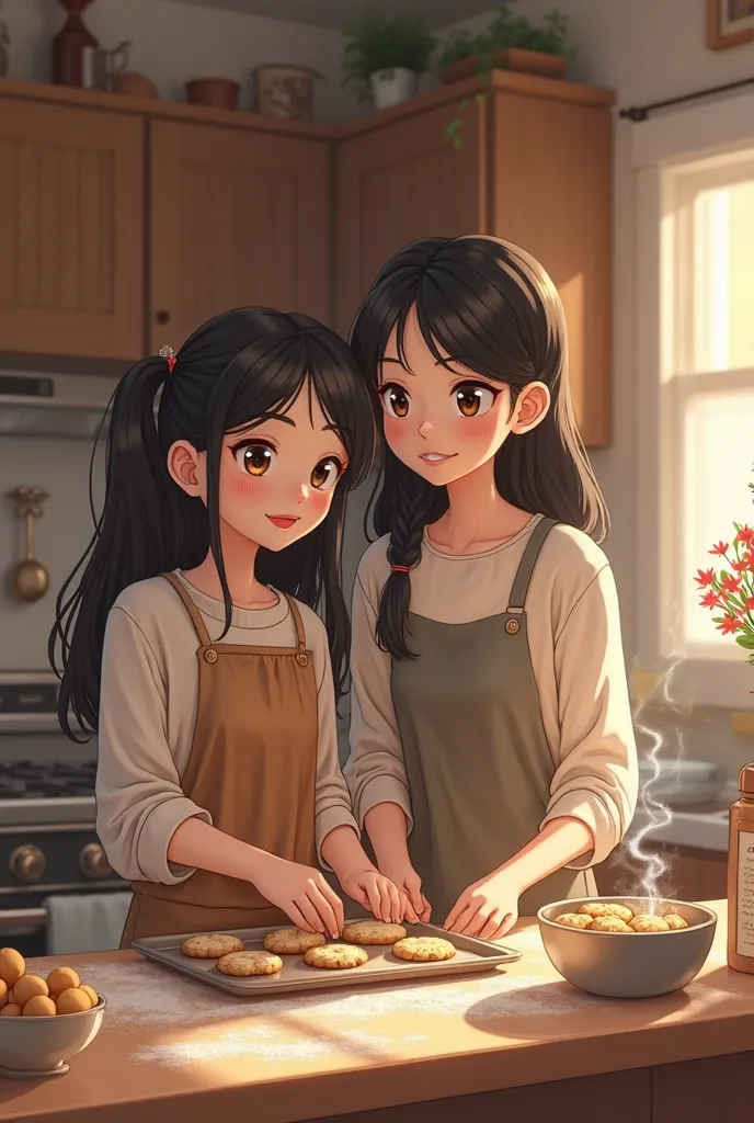 high school girl, black hair,  brown eyes, Baking cookies with his mom, At home