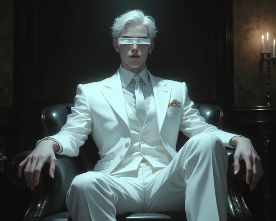 24 year old man, Short white hair, White watery eyes, prominent nose, handsome face, Clear jaw, Wear a groundbreaking white suit, He was blind.,  Seat Chair, It's a mafia