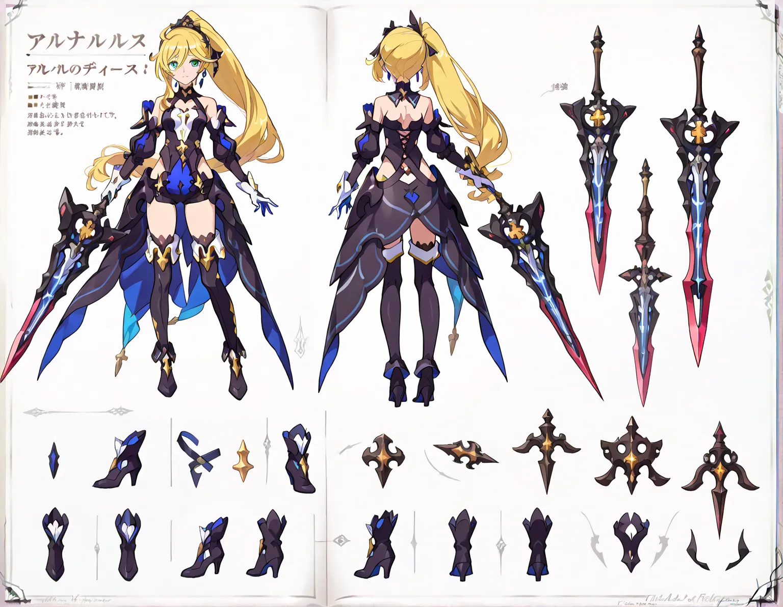 (((Best Quality))) , ((full body)), female, reference sheet, solo, (white background), high-fantasy, holding weapon, precure, world flipper, tales of, hip vent,
