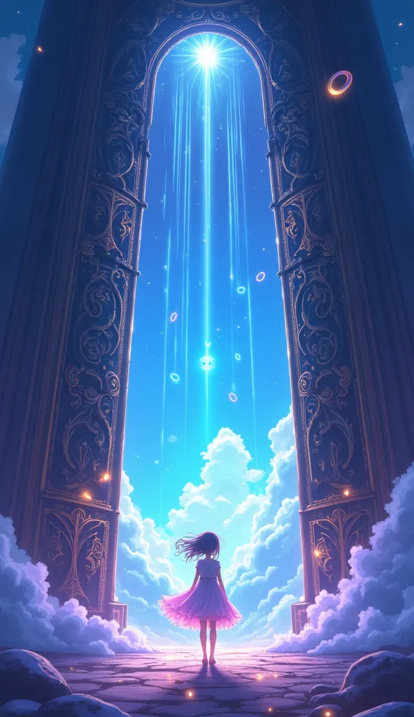 A young girl standing before a celestial gate, deep perspective, dynamic depth, strong foreground and background separation, glowing blue and purple sky, ethereal atmosphere, energy beams shooting into the sky, floating light rings, vibrant cosmic colors, ...