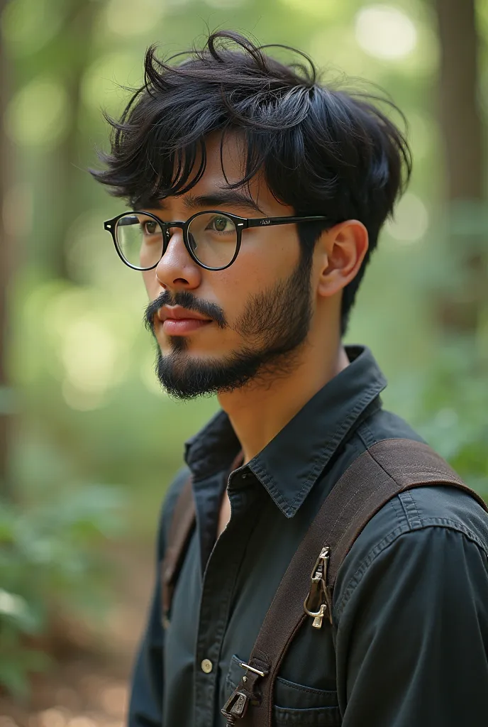 Young outdoor designer, with black hair and clear lenses with half beard 