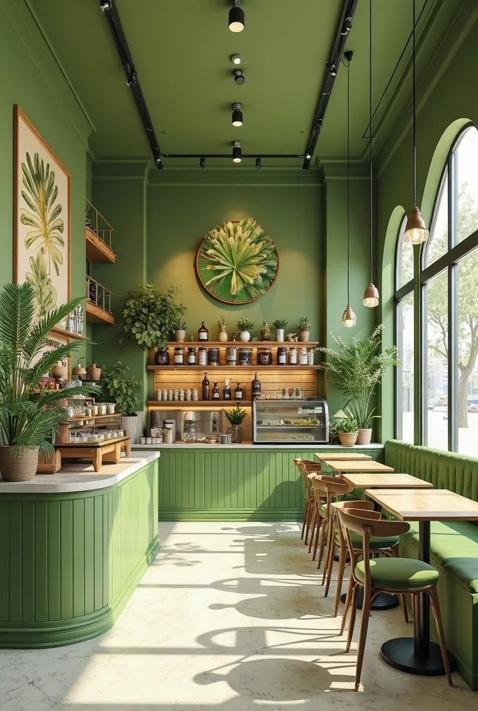 Design for a 100 meter coffe house and icecream shop named pistachio that has 2 icecream refrigerator, one cake refrigerator, and a barista space , and tables . The store’s name is pistachio . Its theme is green color and many and green plants and tree pap...