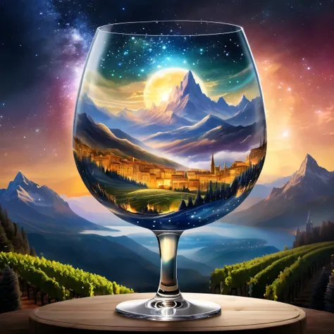 create a celestial scene in a wine glass, It depicts a surreal landscape、Mountain々and auroral skies. in the background 、includes sparkling sunsets and cityscapes. style is fantasy and represents、should include ethereal elements.