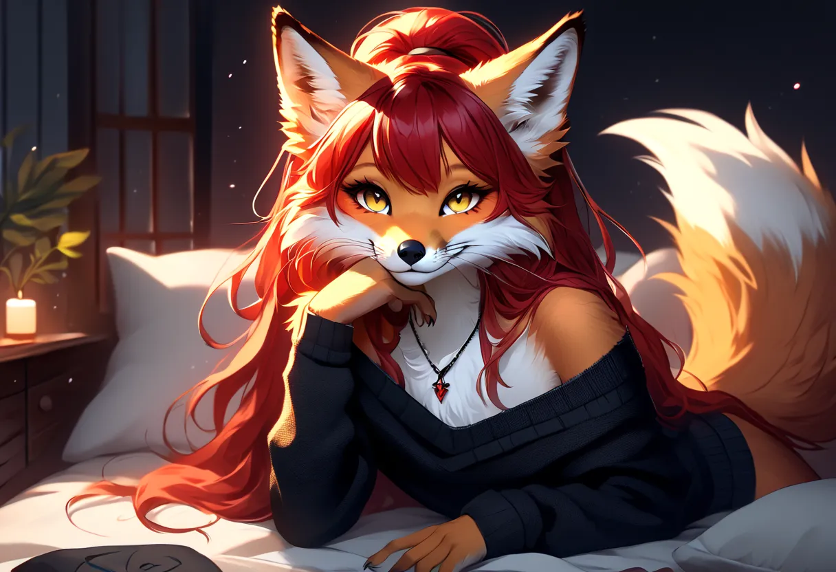 full body、Solo、unpralleled masterpiece、Detailed、 Beautiful、 score_9、 score_8_up、 score_7_up、moody atmosphere、mysterious、fox、anthro、furry、female、orange fur、(long hair、beautiful hair、scarlet red hair、side swept hair、bangs)、yellow eyes、(digitigrade、claws、fox ...