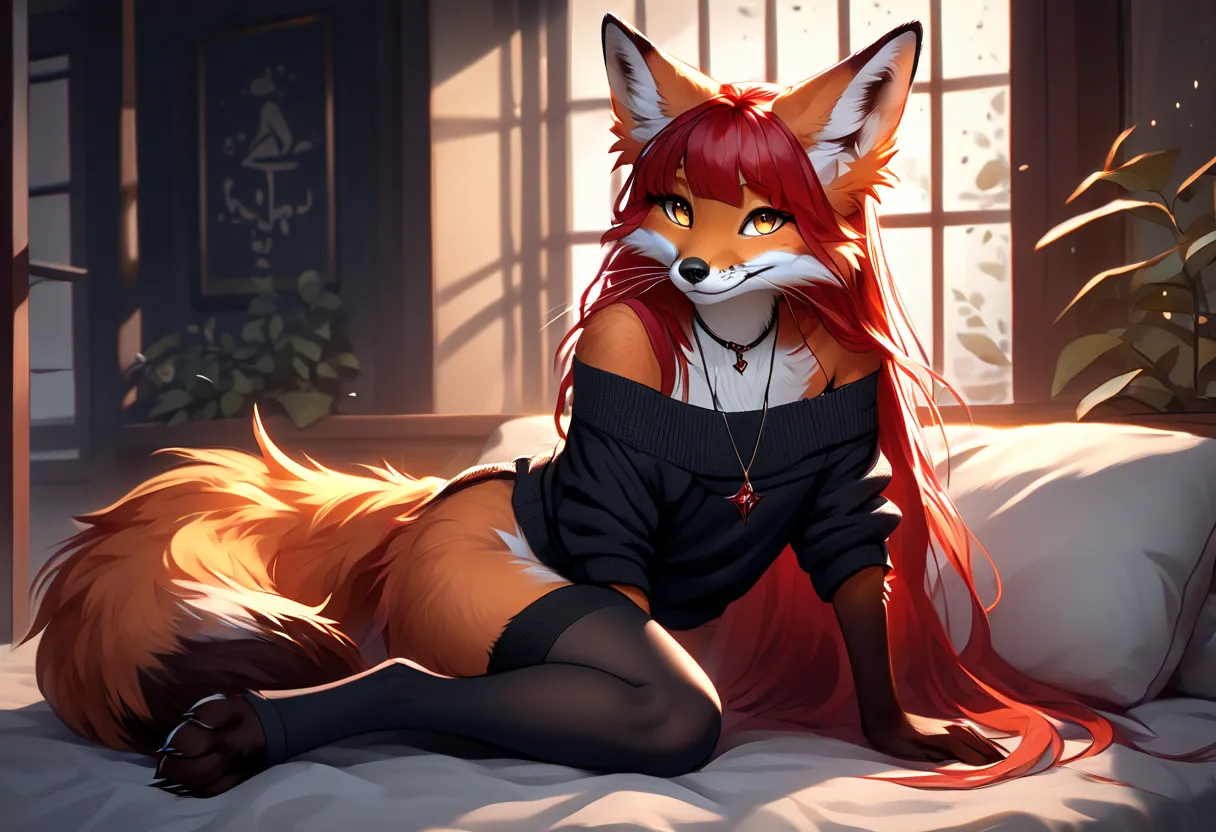 full body、Solo、unpralleled masterpiece、Detailed、 Beautiful、 score_9、 score_8_up、 score_7_up、moody atmosphere、mysterious、fox、anthro、furry、female、orange fur、(long hair、beautiful hair、scarlet red hair、side swept hair、bangs)、yellow eyes、(digitigrade、claws、fox ...