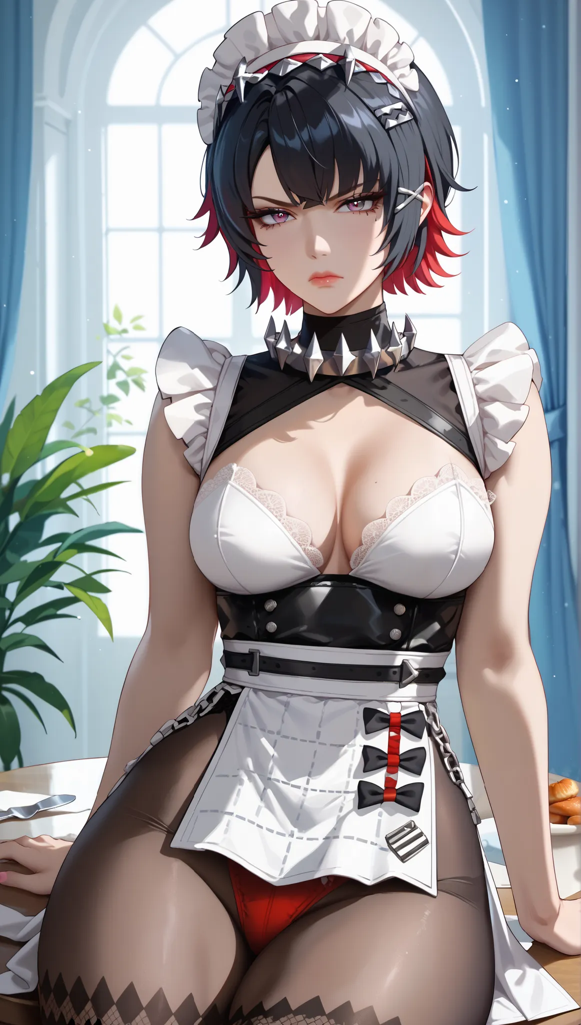 (masterpiece, best_quality:1.2), 1girl, solo, mature female, Ellen Joe Zenless Zone Zero, short hair, black hair, red underhair, hairpins, (housewife:1.5,), beautiful eyes, female focus, looking at viewer, medium breast, thick thighs, wide hips, ((solo)) d...