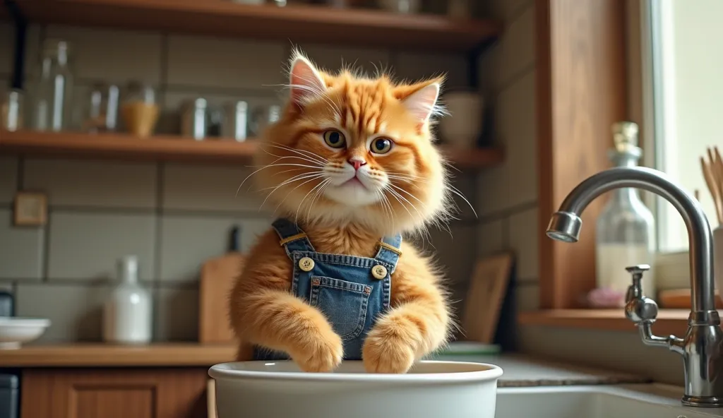 A fluffy orange cat with human-like pose and expression, wearing a jean overall standing in a rustic kitchen, close-up washing chicken in a white ceramic basin filled with water, wooden shelves with neatly arranged kitchen utensils in the background, soft ...