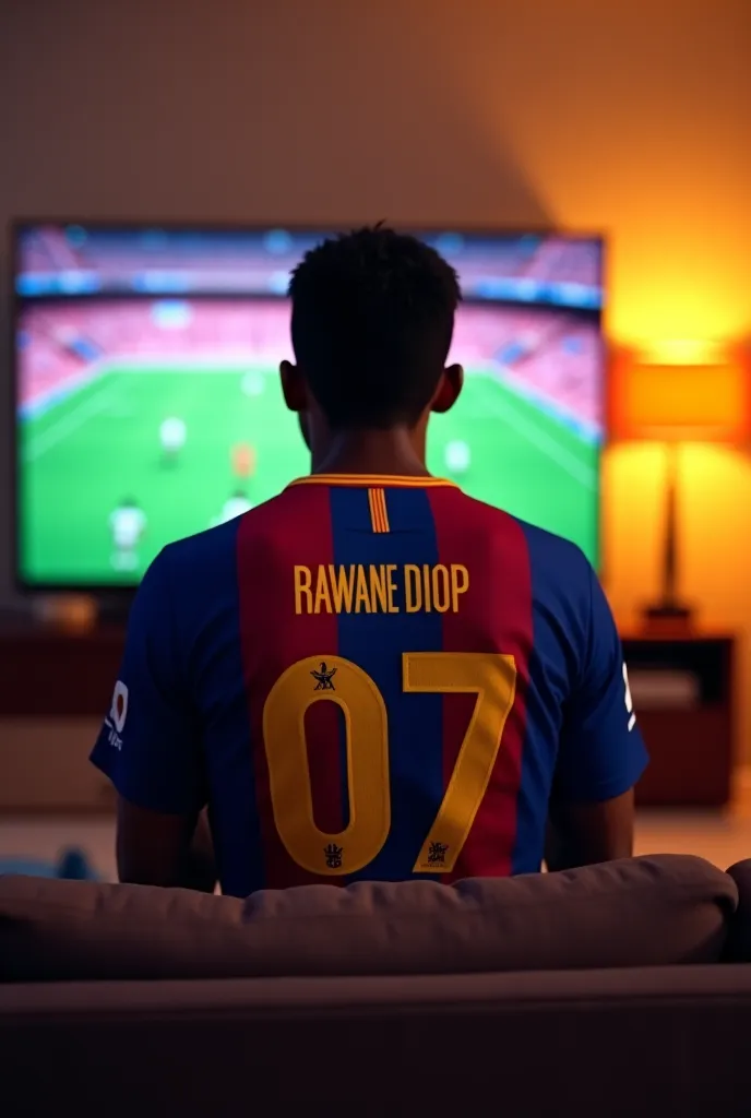 Moi Rawane Diop un homme de 28 ans entrain de regarder le Barça qui joue du football dans un télévision en salon portant le maillot Barcelone avec le nom Rawane Diop et le numéro 07 