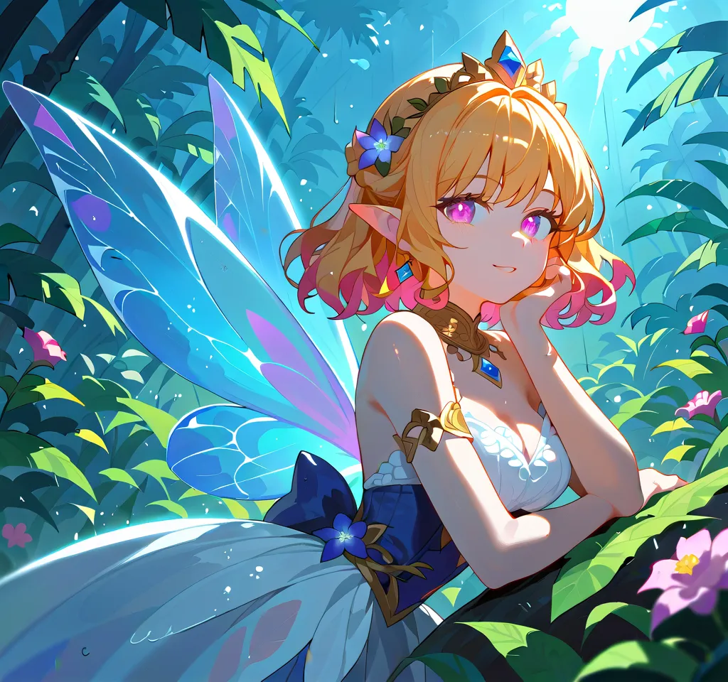 a picture of a jungle fairy, an extraordinary beautiful, elegant beauty, wearing armor on shoulder, divine beautiful fairy, translucent wings, pink eyes, glowing eyes, best detailed face,  blond hair, rich hair, wavy hair, glamour dress, wild dress, dress ...