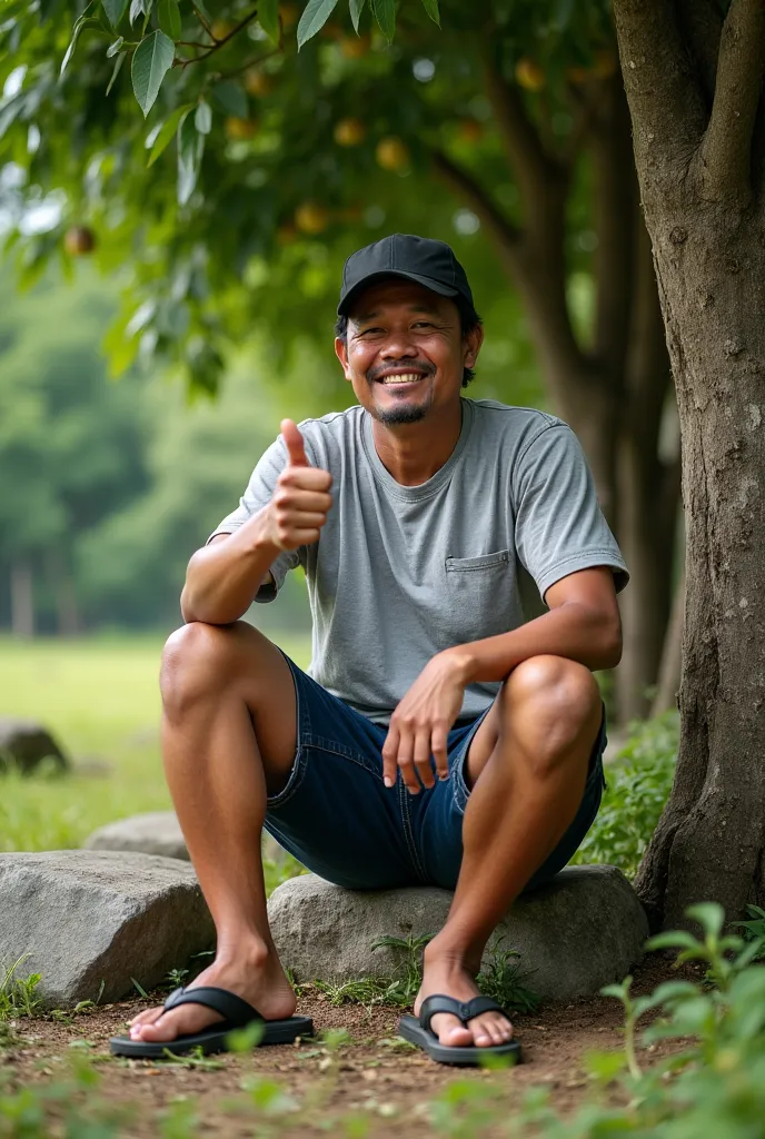 indonesian man,age 40,  clean face , rather chubby ,  wear a black sports hat , old ash t-shirt, blue jeans shorts, flip flops , pointing the right thumb finger in great detail, perfect  ,looking at camera , sedang duduk di atas stone, leaning on mango tre...