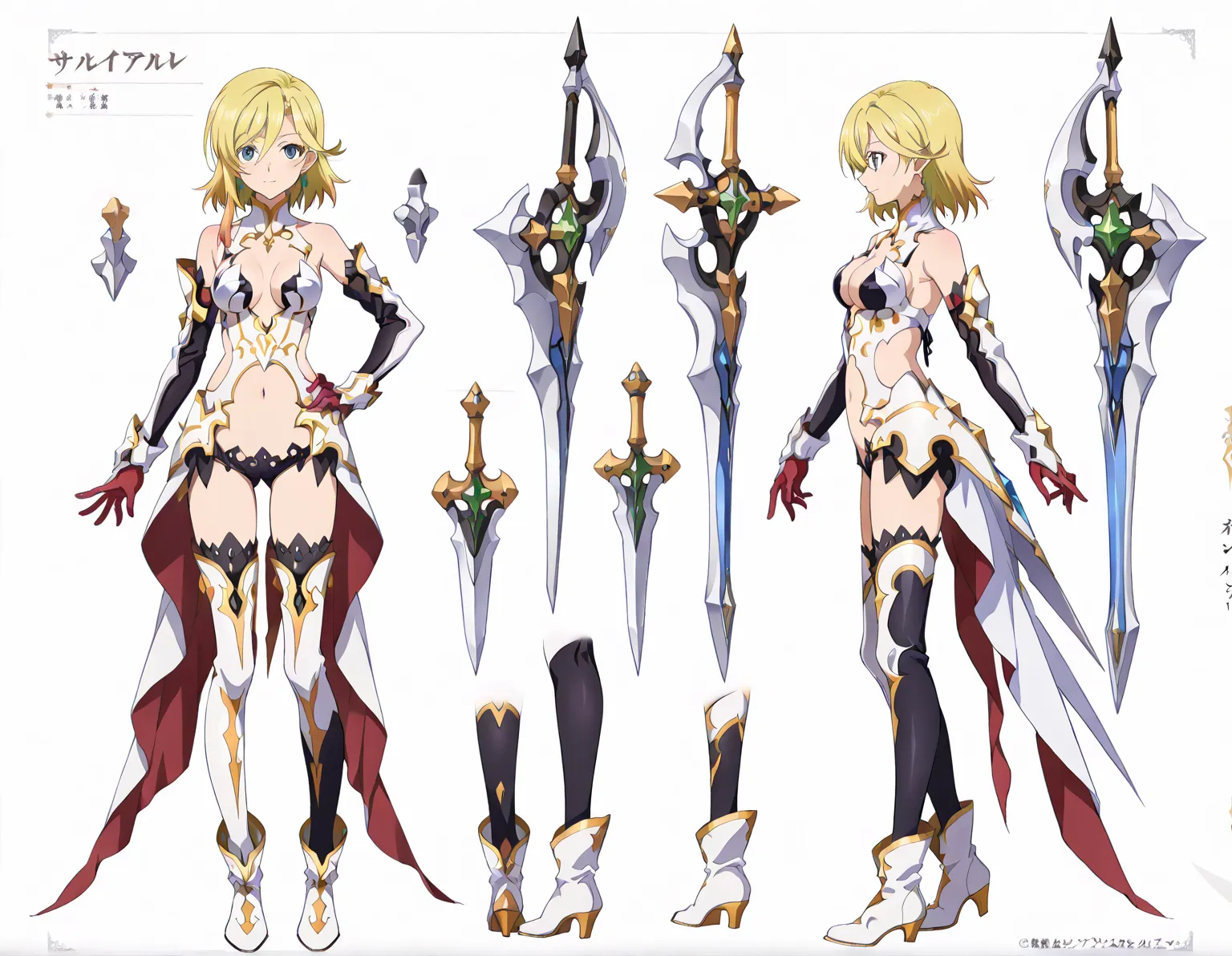 (((Best Quality))) , ((full body)), female, reference sheet, solo, (white background), holding weapon, tales of, anime character, revealing clothes,
