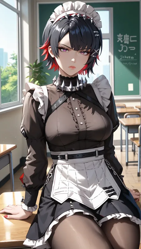 (masterpiece, best_quality:1.2), 1girl, solo, mature female, Ellen Joe Zenless Zone Zero, short hair, black hair, red underhair, hairpins, (housewife:1.5,), beautiful eyes, female focus, looking at viewer, medium breast, thick thighs, wide hips, ((solo)) d...