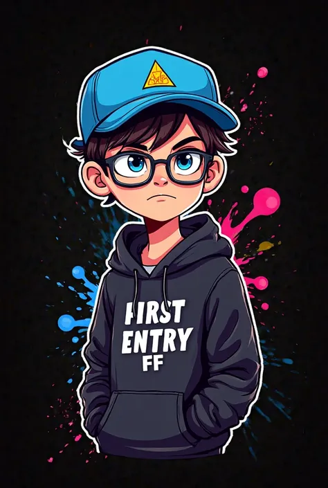 This digital illustration features a young Boy wearing a blue baseball cap with a triangle logo, glasses, and a black hoodie that reads “FIRST ENTRY FF” in white letters. The man has a serious expression, looking directly at the viewer. The black backgroun...