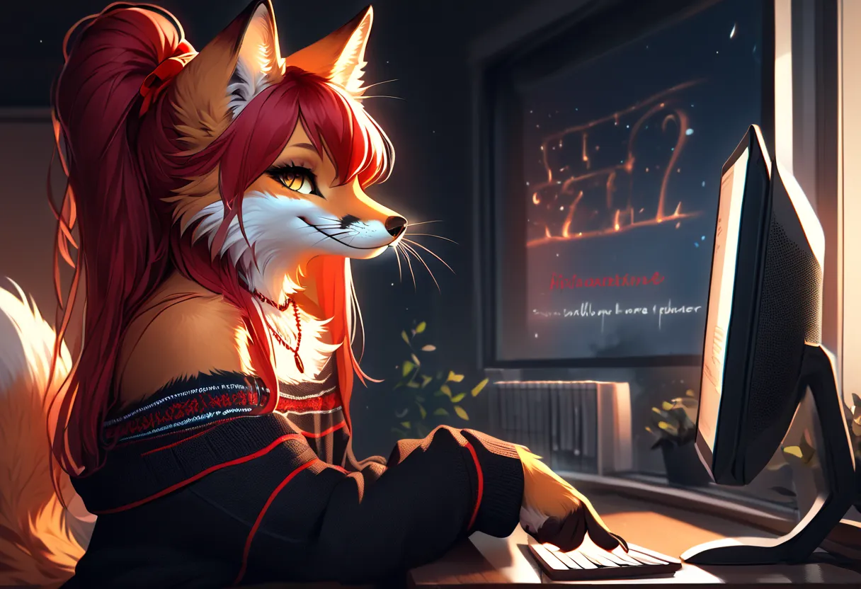 full body、Solo、unpralleled masterpiece、Detailed、 Beautiful、 score_9、 score_8_up、 score_7_up、moody atmosphere、mysterious、fox、anthro、furry、female、orange fur、(long hair、beautiful hair、scarlet red hair、side swept hair、bangs)、yellow eyes、(digitigrade、claws、fox ...