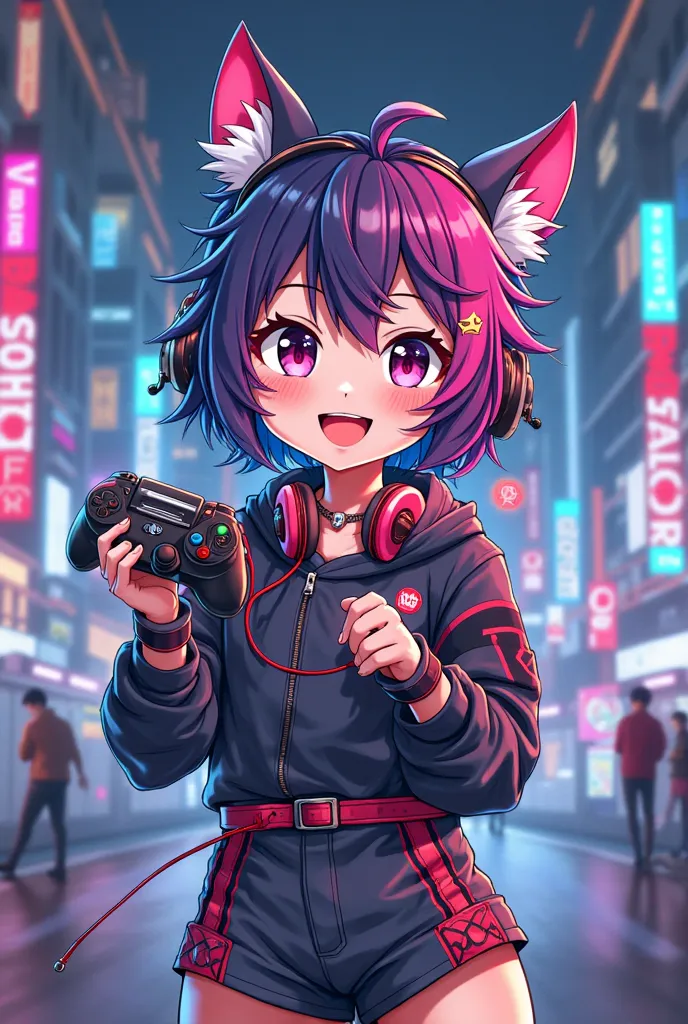 Create a mascot logo where the mascot is an anime holding a video game controller and headphones on and down with the letters " TOKYO FF "