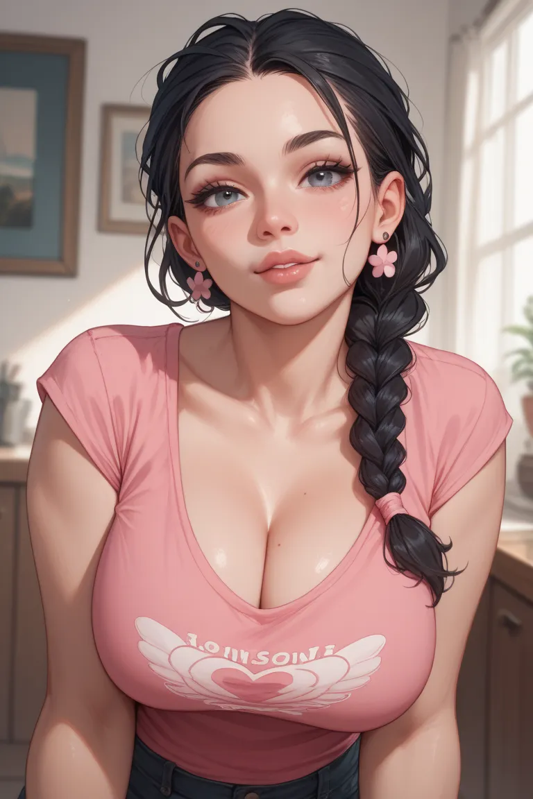 Make a big huge boobs and bright white skin girl with cleavage in pink sleeveless t-shirt and lone braid black hair and  and round earings