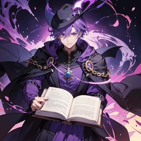 Please create a cool, dark male mage with a hat, a spellbook, and a purple demon world in the background