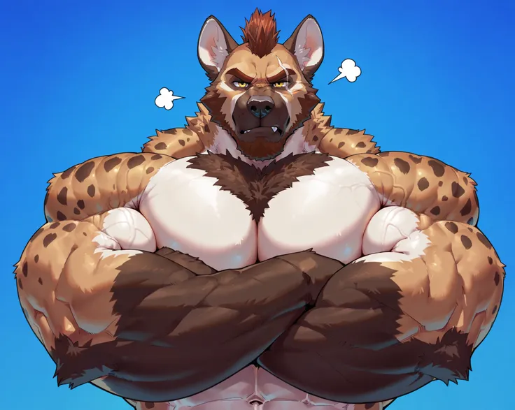 masterpiece, best quality, amazing quality, correct anatomy, beautiful yellow eyes, high resolution, hyper-detailed, 1male,
((solo)), male, brown fur, ((hyena)), brown hair, mohawk, fluffy fur,
((massive size difference)), ((10 feet tall)), muscle, massive...