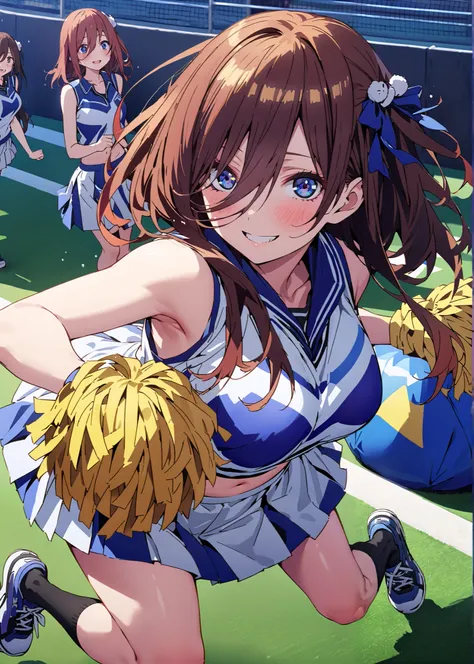 score_9, score_8_up, score_7_up,  source_anime, Miku Nakano, Nakano Future, long hair, bungs, blue eyes, brown hair,Between the eyebrows,smile,blush,open their mouths,  (CHEERLEADING), (full body),  on chest, (semen), semen Wet Clothes, (blue clothes),slee...
