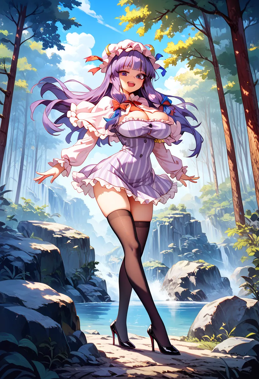 best quality, masterpiece, highres, detailed face, solo, patchouli_knowledge_touhou, longtorso_v0.63_pony, BREAK, long_hair, purple_hair, purple_eyes, bangs, capelet, striped, very_long_hair, 1 skinny girl standing, petite girl, looking at viewer, smile fo...