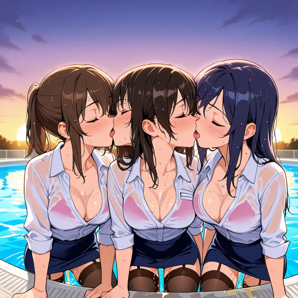  sunrise swimming pool, office girls, wet office uniform, three girl kissing each other, tongue-in-cheek movement, wet half stockings, wet hair, caress on chest each other, threesome, Promiscuous sexual relations, many girls, pee, deep kiss