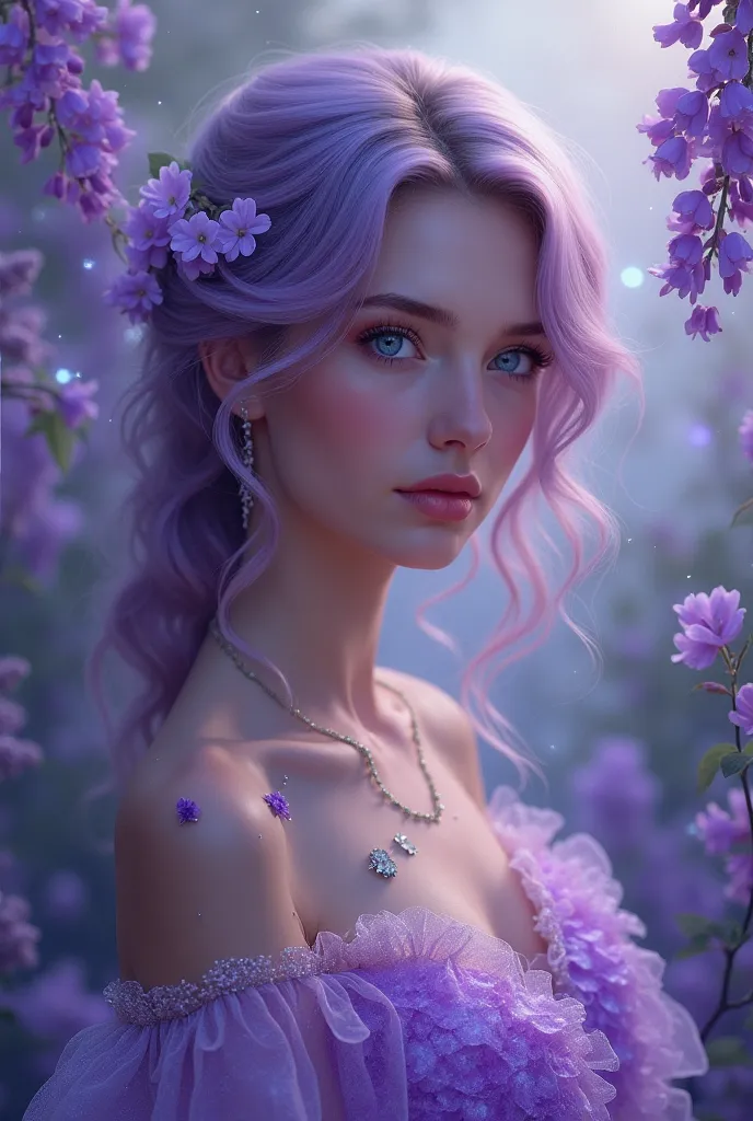 (masterpiece), best quality, expressive eyes, perfect face, A serene portrait of a woman with lilac-hued hair, immersed in a mystical garden of lavender, wisteria, and bluebell flowers. Her dress glistens with translucent purple scales, and glowing vines c...