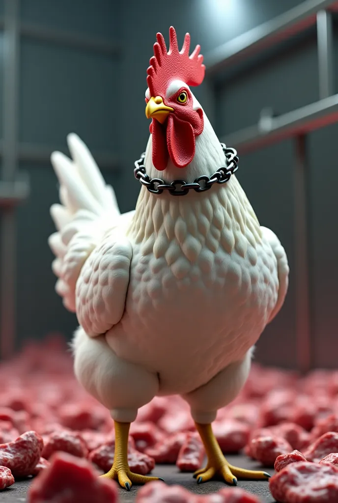 A very Big and muscular white Cock and  Cock Is Tied With heavy big Chain around His Body . That Chowk is in Big meat production factory. Where there is machine Where cock meat is been cut down and packed. The factory is surrounded with cock meat all aroun...