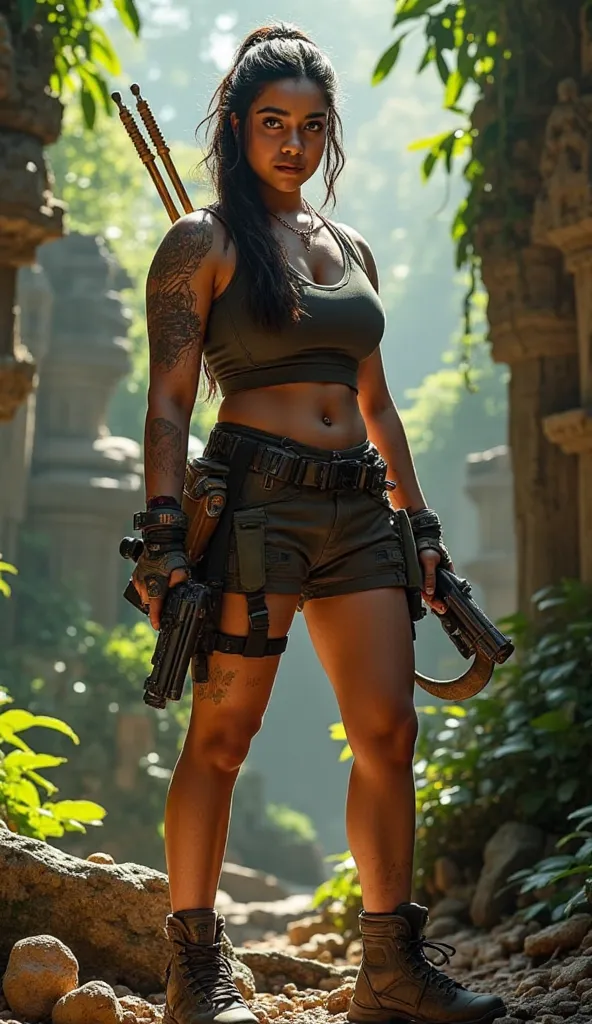 A fierce and athletic woman iman Vellani, 1M4N, with a determined expression, sharp brown eyes, and long, dark brown hair tied into a practical braid. She wears a rugged yet form-fitting tank top, cargo shorts, and sturdy combat boots, built for adventure....