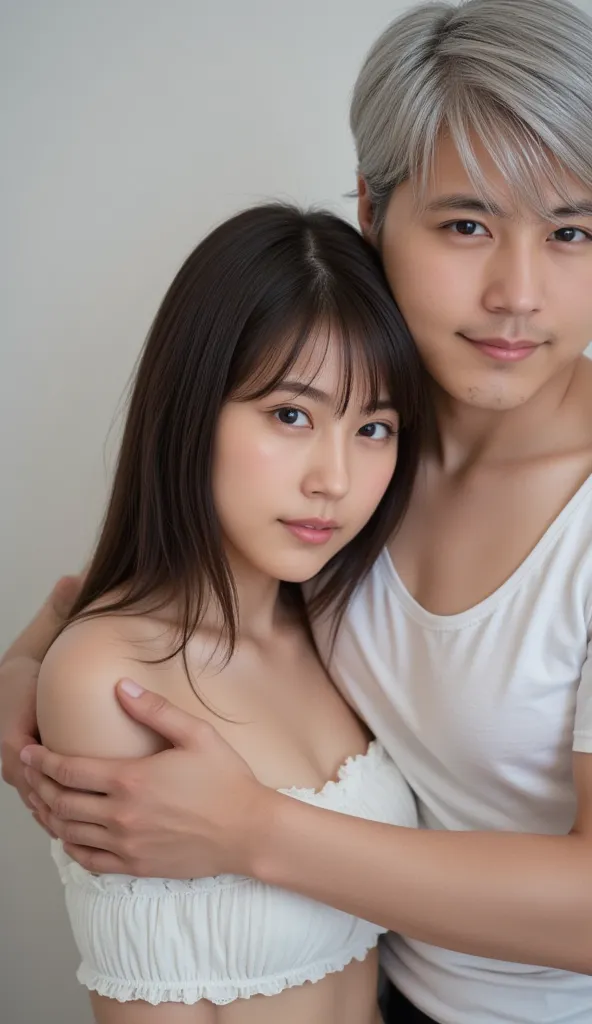 nsfw、 a woman and a man are hugging each other、  fat old man:1.5、old man hugging woman from behind:1.5、  correct skeleton、underwear、 ((  slender body:1.3))，  small breasts，  tiny ass ，165cm、 masterpiece ,   top quality  , full body。  long black hair :1.2、