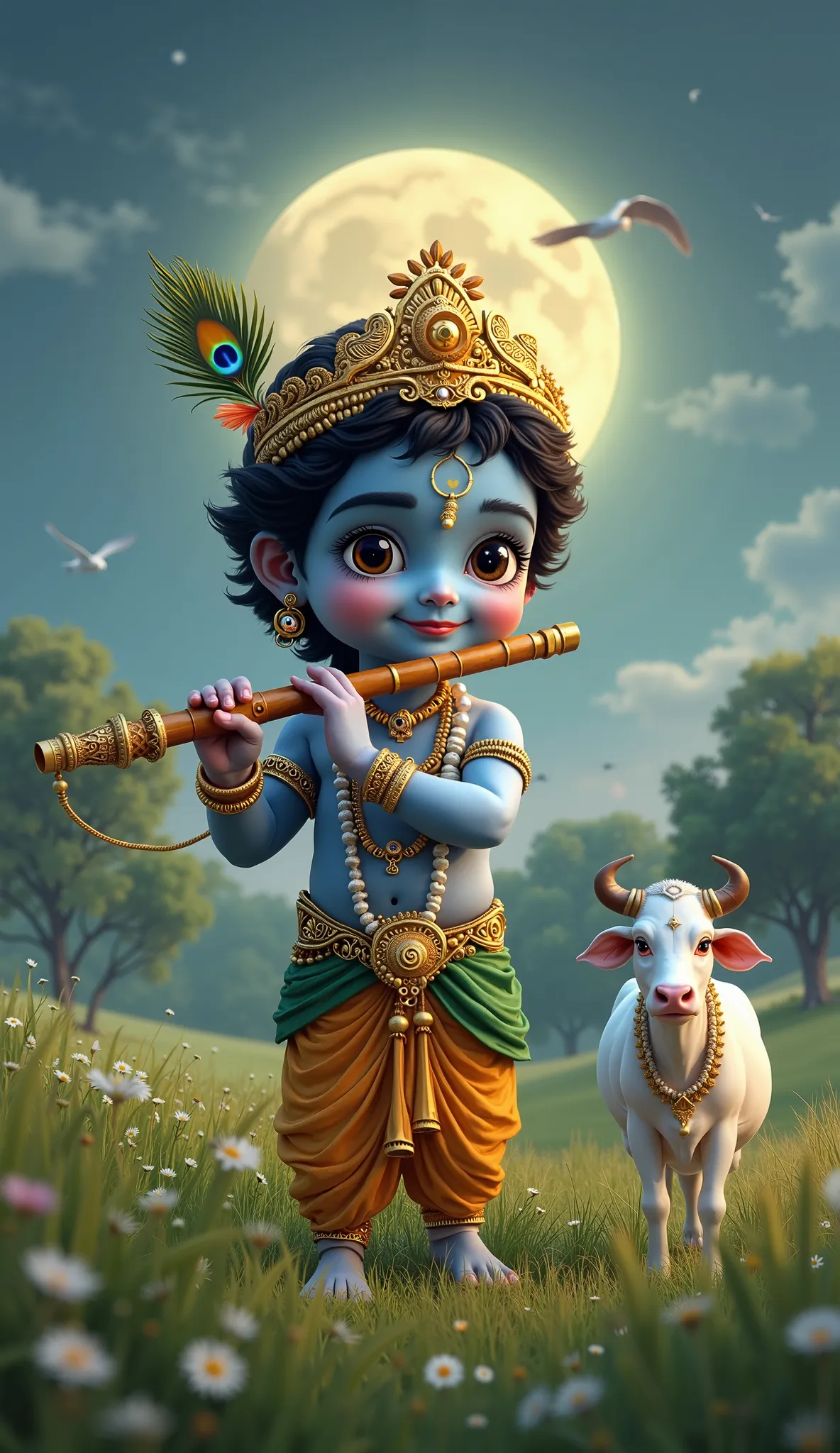 A highly realistic digital painting of Lord Krishna standing in a lush green field under a full moon night. He has a charming and cute face with a warm, gentle smile. His complexion is beautifully blue, with expressive eyes that reflect divine grace. He we...