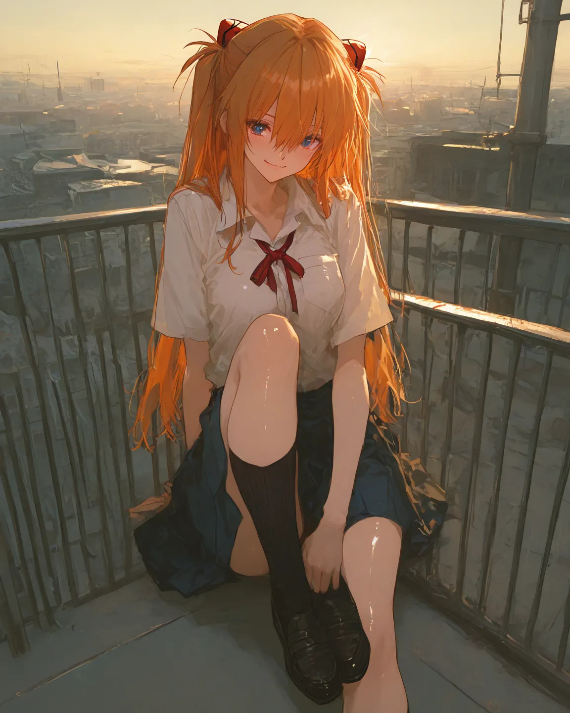    masterpiece, top quality,       lively, latest,  graphic anime style、Neon Genesis Evangelion、           ladies 1、 、Su Long Aska Langley 、  、orange hair、      blue eyes、     medium breasts、 school uniform、Eva&#39;s Uniform、red ribbon、  Skirt、      socks、...