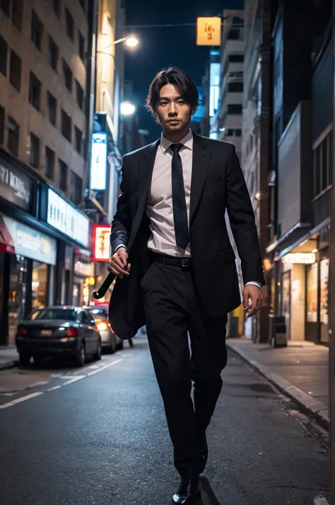  black suit，one man，20th Generation，Carrying a sword，night，route，cool