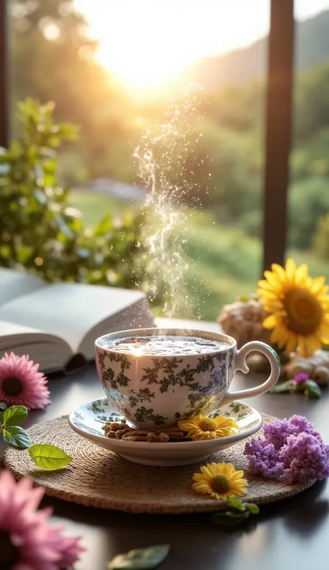 An inspiring scene filled with sharp details, conveying a visual invitation to change healthy habits. in the center of the image, a steaming cup of tea highlighted, with fresh herbs and natural ingredients surrounding, Like ginger , cinnamon, lemon and vib...