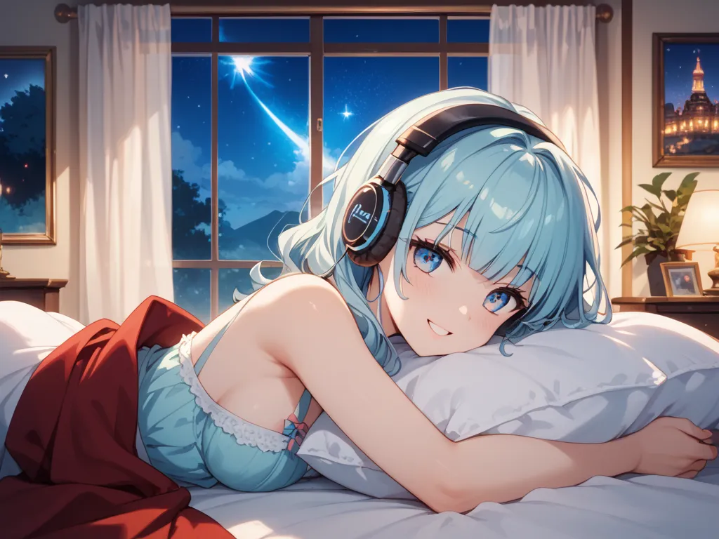 "A quiet bedroom at night. A girl lies on her back on a soft, cozy bed, wearing headphones. Her eyes are gently closed, and she has a faint, peaceful smile on her lips, as if she has drifted off to sleep while listening to soothing music. Wrapped in a warm...