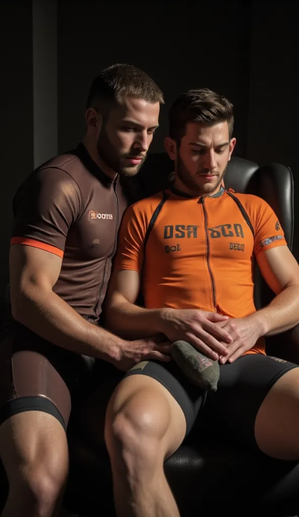  Un homme mature rugbyman, barbe, habillé en tenue de cycliste marron professionnelle transparent enlace par derrière un homme en tenue de cycliste professionnelle  orange mesh de l'équipe OPEN , ils sont assis sur un fauteuil en cuir fluo dans une piece e...