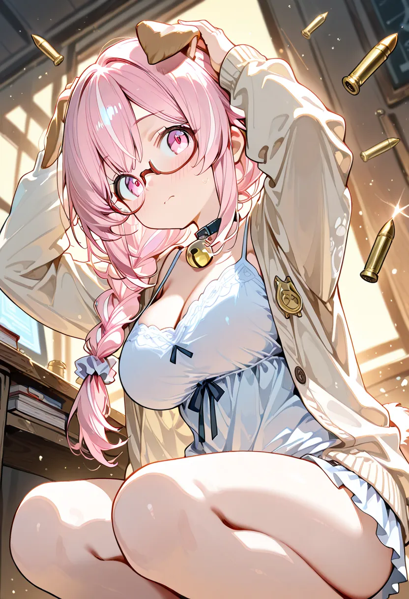 Nsfw, 1girl, solo, loli, dog girl, girl genius, dipstick ears, oppai loli, Light pink eyes, tareme, large breasts, petite, 
long hair, single braid, scrunchie, under-rim eyewear, streaked hair, hair Light pink scrunchie, neck bell, cleavage, cardigan, cami...