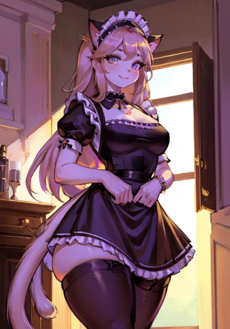 (maid uniform:1.5), (best quality, 4K, 8k, highres, masterpiece:1.2), ultra-detailed, furry, cat girl, (beautiful/detailed eyes:1.1), feminine face, long lashes, flowing chiffon, (jewelry/accessories:1.1), well-proportioned body, (thick thighs:1.1), (reaso...