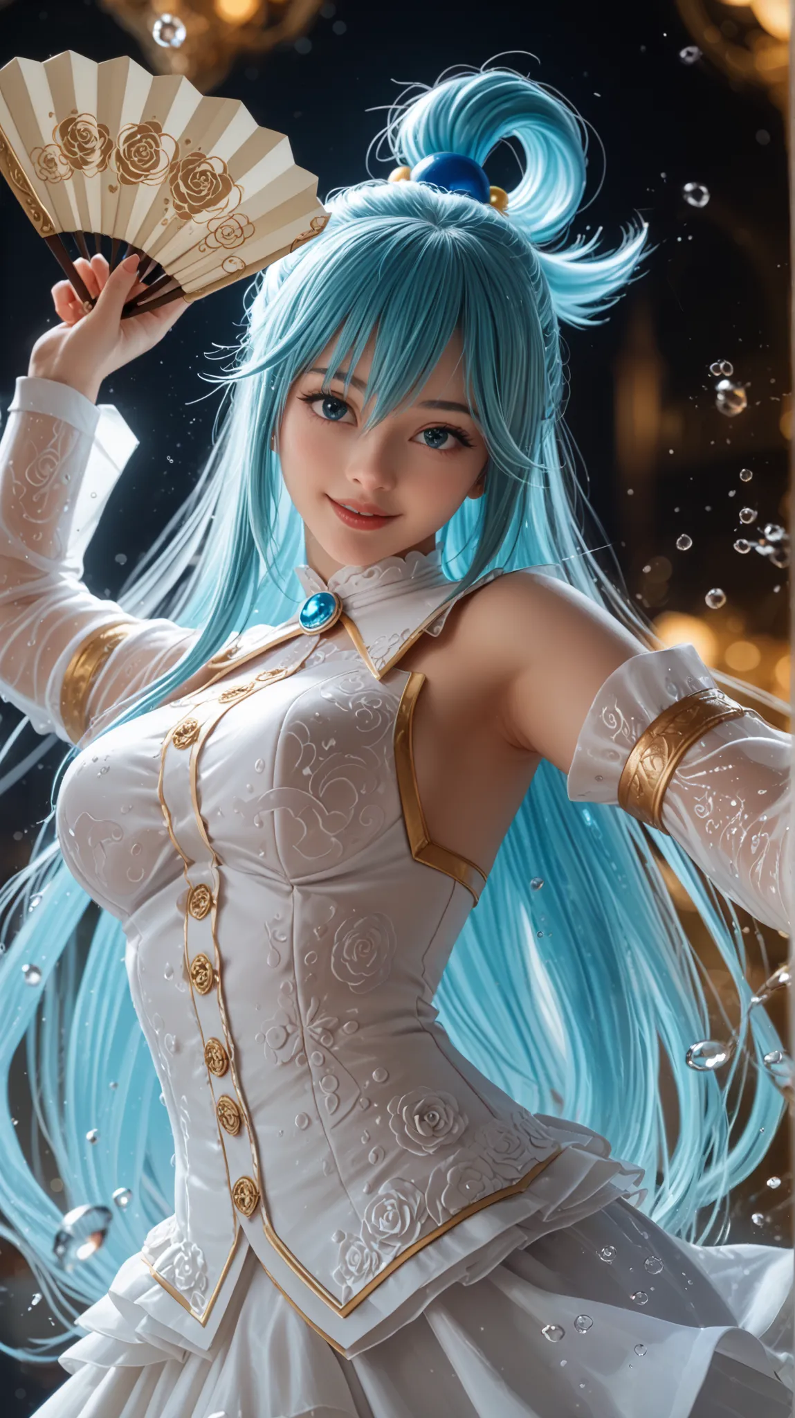 Aqua from Konosuba, hyper-realistic anime style with cinematic lighting, surrounded by dynamic water effects. She is playfully winking while holding an elegant folding fan with intricate silver rose patterns. Her long, flowing aqua-blue hair glistens under...