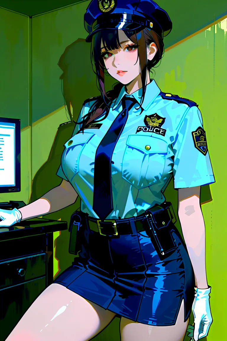 masterpiece, best quality, great quality, very aesthetic, high resolution, latest, HYPER DETAIL, realism, ( intermediate shot), 1 policewoman, Lively impression, mature, 