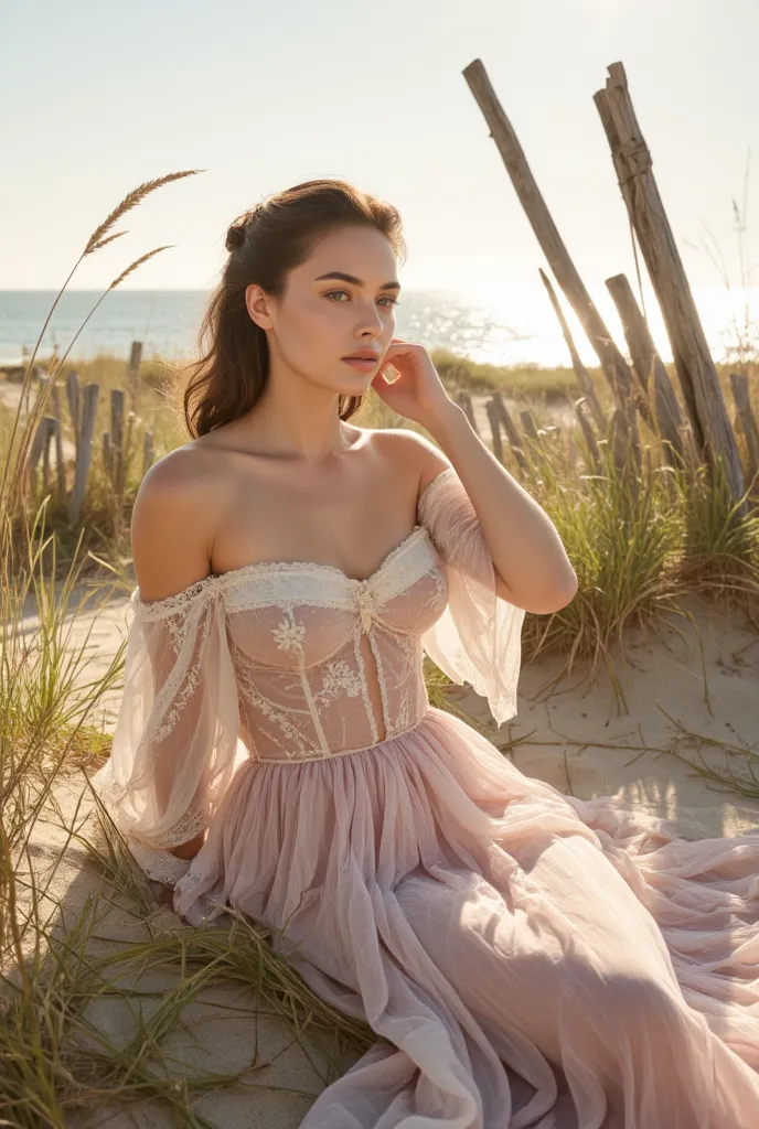 Theme:
A romantic, fashion editorial photography in the style of Camilla Åkrans, with dreamlike surrealism and a sunlit, windswept aesthetic. 
At the Hamptons seaside. The mood is Ethereal and nostalgic, blending soft, hazy lighting with delicate, flowing ...